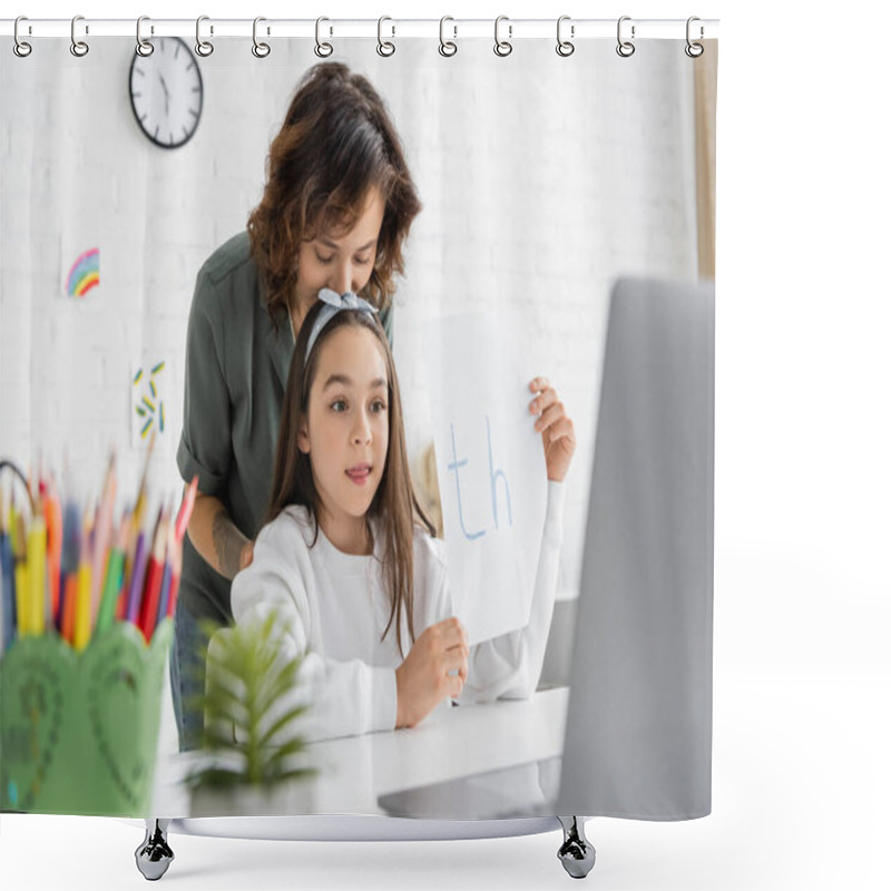 Personality  Woman Kissing Daughter Holding Paper With Th Letters During Speech Therapy Video Lesson At Home  Shower Curtains