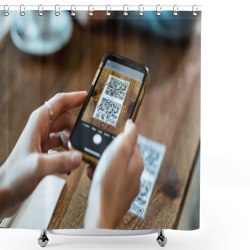 Personality  Close Up Of Young Woman Hands Using The Smart Phone To Scan The Qr Code To Select Food Menu In The Restaurant.  Shower Curtains