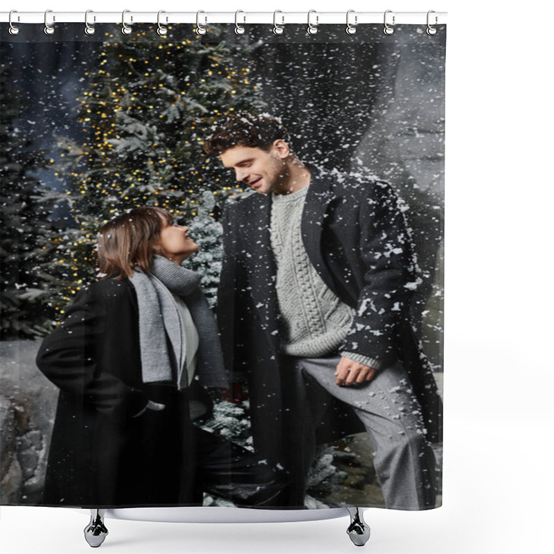 Personality  A Beautiful Couple Shares A Warm Moment Surrounded By Snow And Pine Trees, Wishing Everyone Joy And Cheer. Shower Curtains