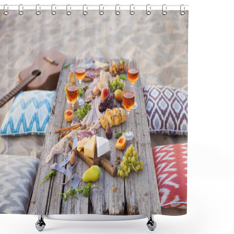 Personality  Picnic On The Beach At Sunset In Boho Style, Food And Drink Conc Shower Curtains