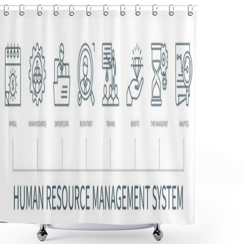 Personality  Human Resource Management System (HRIS) Concept With Icons. Payroll, Human Resources, Employee Data, Recruitment, Training, Benefits, Time Management, Analytics. Web Vector Infographic In Minimal Outline Style Shower Curtains