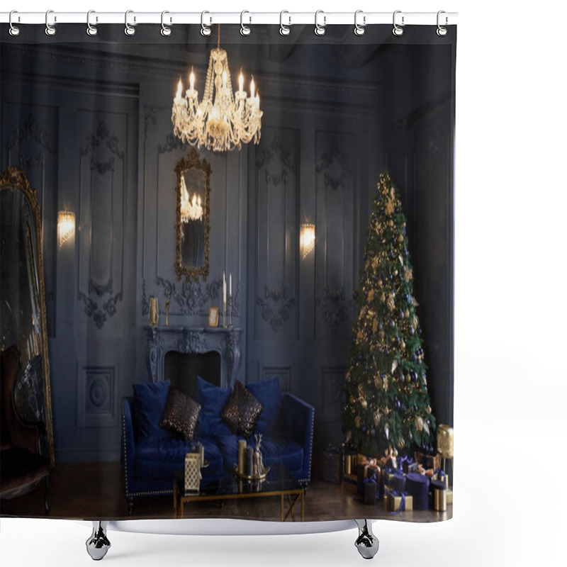 Personality  Christmas Tree. A Dark Hall With A Holiday Atmosphere, A Cosy Fireplace And A Sofa. Lots Of Gift Boxes Near The Tree Shower Curtains