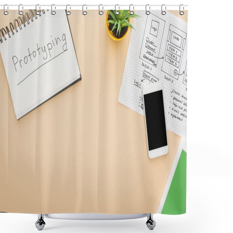 Personality  Top View Of Gadgets Near Website Design Template, Notebook With Prototyping Lettering And Green Plant On Beige Background Shower Curtains