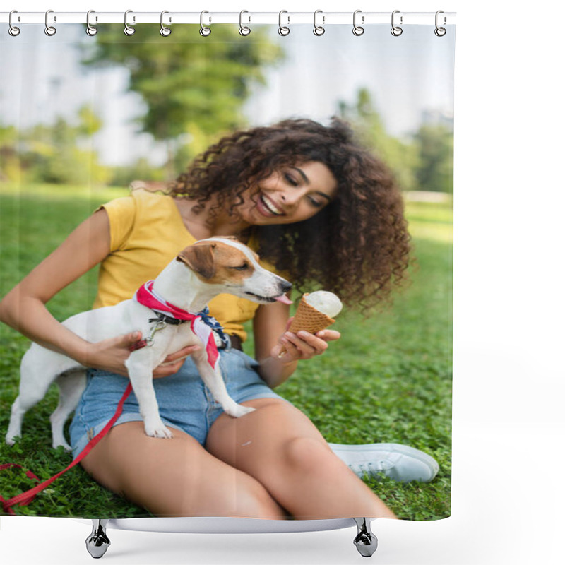 Personality  Selective Focus Of Young Woman Holding Dog And Giving Ice Cream Shower Curtains