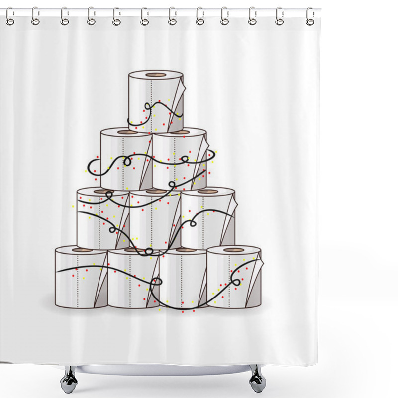 Personality  Toilet Roll Pyramid. Winter Holidays During Coronavirus. Christmas And New Year 2021 During Quarantine. Christmas Party Covid-19. Flat Vector Illustration Shower Curtains