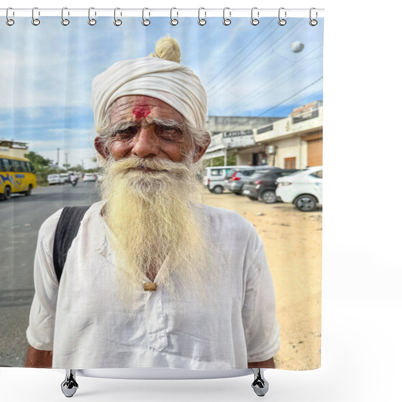 Personality  Pushkar, Rajasthan, India - November 2022: Portrait Of Rajasthani Male With Colorful Turban On Head During Pushkar Camel Fair. Shower Curtains