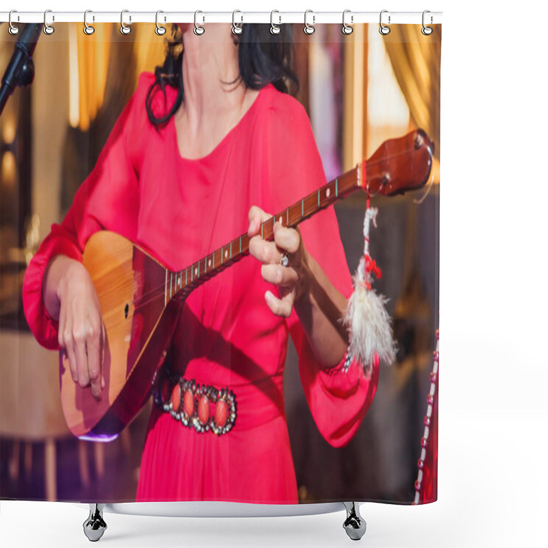 Personality  A Woman In A Red Dress Plays The Kazakh National Musical Instrument. Stringed Musical Instrument Dombra. Shower Curtains