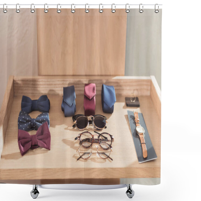 Personality  Bow Ties, Neckties, Glasses And Wristwatch Laying On Wooden Display At Shop  Shower Curtains