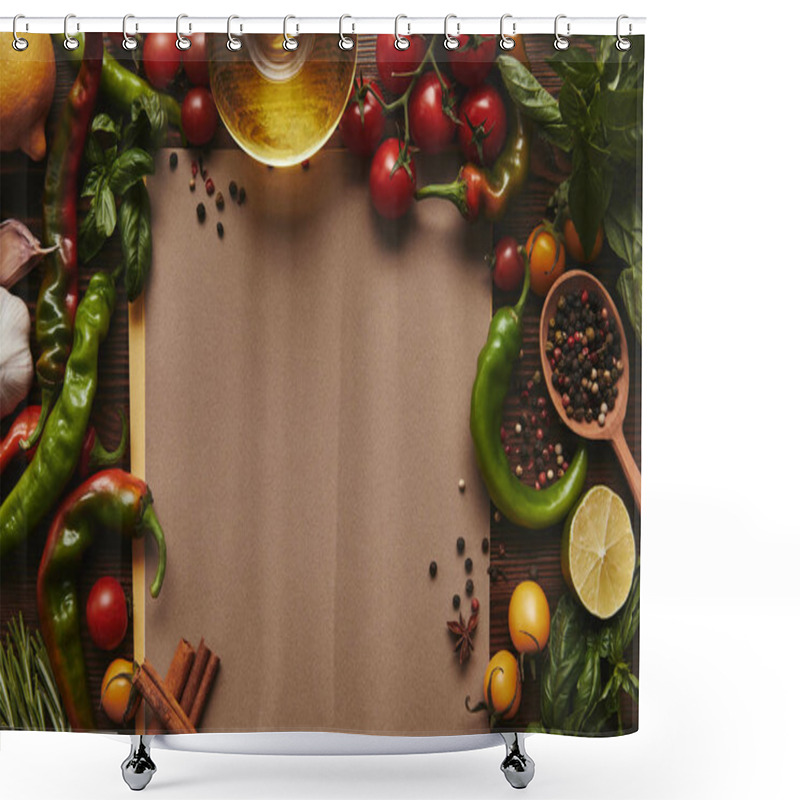 Personality  Top View Of Blank Menu And Fresh Vegetables, Spices And Herbs On Wooden Surface  Shower Curtains