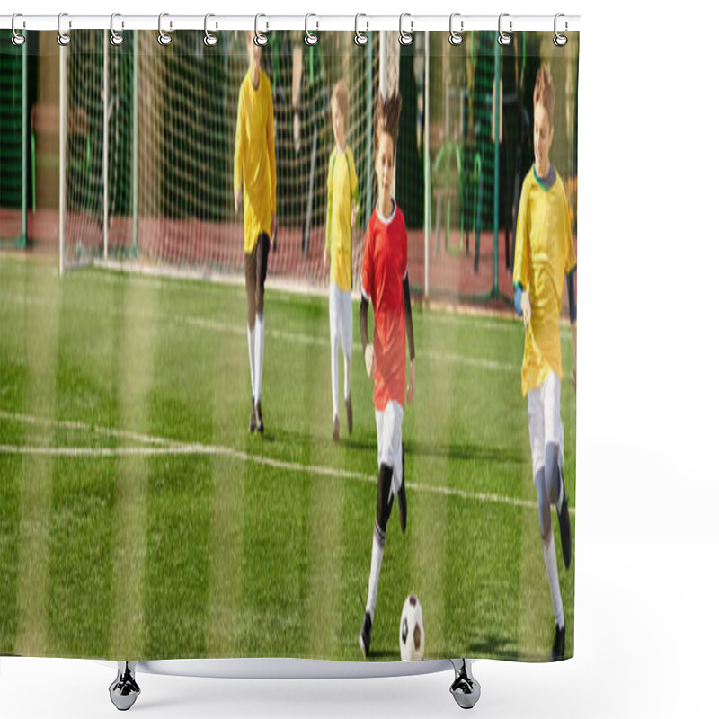 Personality  A Lively Group Of Young Men Engaged In An Intense Game Of Soccer, Kicking The Ball Around The Field With Skill And Determination, Displaying Teamwork And Competitive Spirit. Shower Curtains