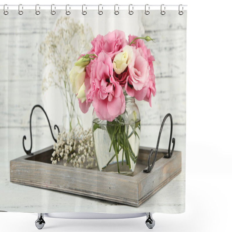 Personality  Bouquet Of Eustoma Flowers In Vase On Wooden Background Shower Curtains