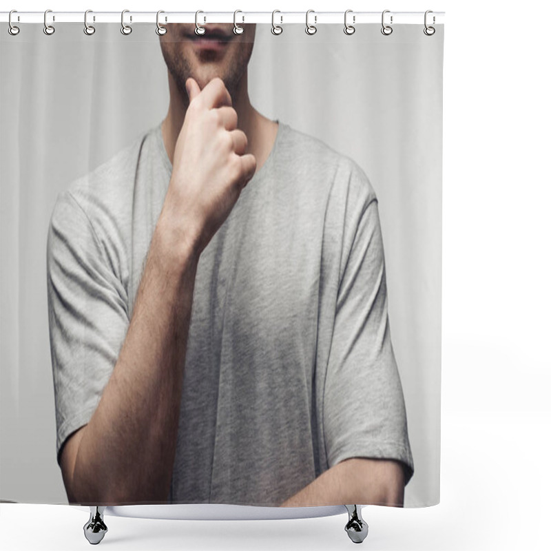 Personality  Partial View Of Man Holding Hand Near Face Isolated On Grey, Human Emotion And Expression Concept Shower Curtains