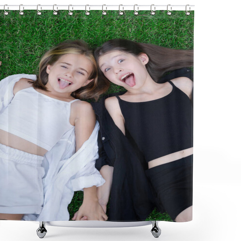 Personality  Fraternal Twins Sisters. Blonde And Brunette Teen Girls In Fashionable Black And White Clothes Outdoors. Sisterhood, Siblings Spending Time Together Shower Curtains