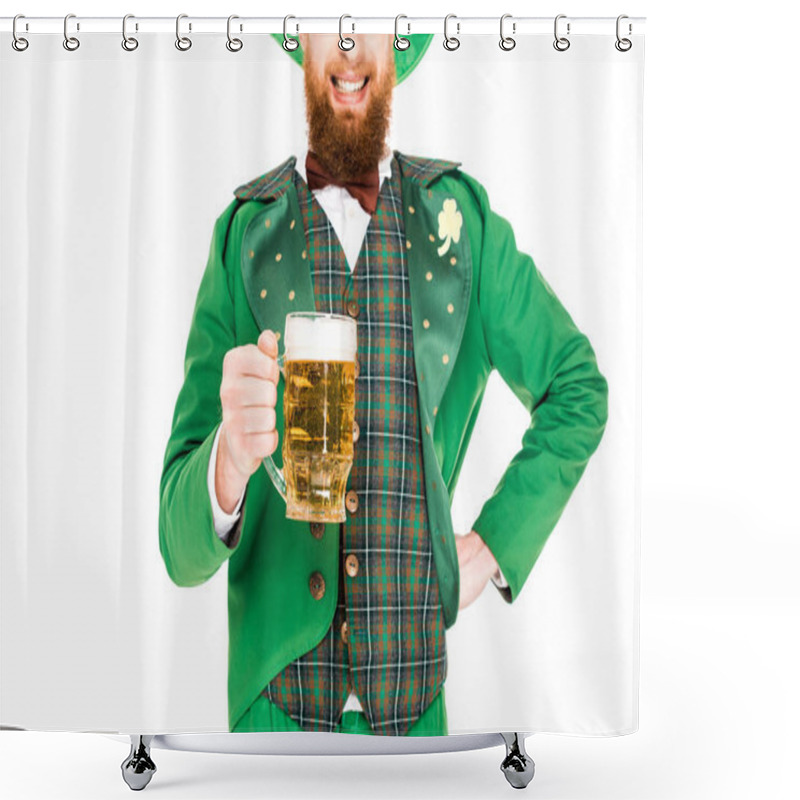 Personality  Cropped View Of Leprechaun Celebrating St Patricks Day With Glass Of Beer, Isolated On White Shower Curtains