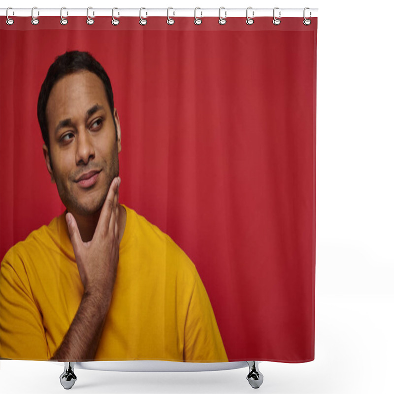 Personality  Dreamy Indian Man In Yellow T-shirt Touching Chin And Looking Away On Red Background, Thoughtful Shower Curtains