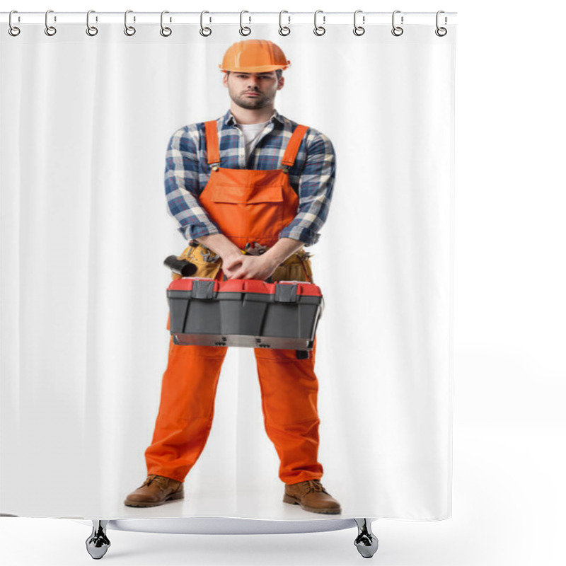 Personality  Confident Handyman In Orange Overall And Hard Hat Holding Tool Box Isolated On White Shower Curtains