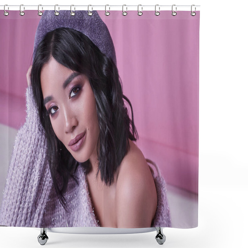 Personality  Beautiful Charming Asian Girl In Purple Sweater On Bright Pink B Shower Curtains