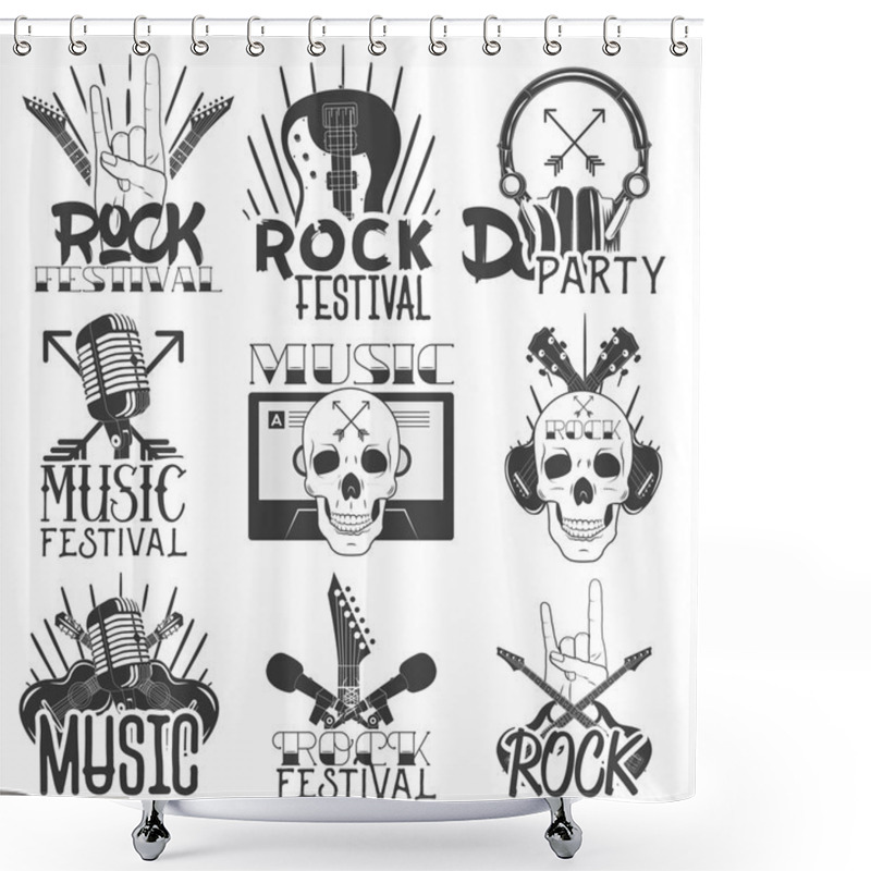 Personality  Vector Monochrome Set Of Music Theme Emblems. Isolated Badges, Logos, Banners Or Stickers With Guitars, Microphones, Headphones And Skulls In Vintage Style Shower Curtains