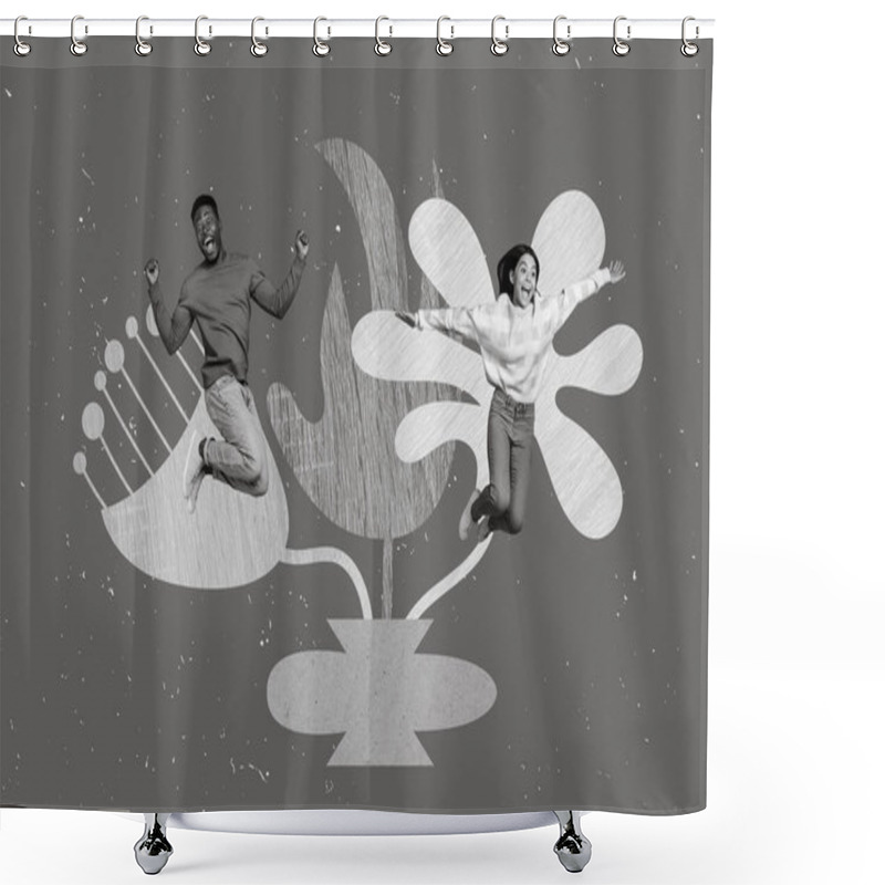 Personality  Creative Collage Image Of Two Delighted Overjoyed Black White Effect People Jumping Raise Fists Luck Painted Flowers. Shower Curtains