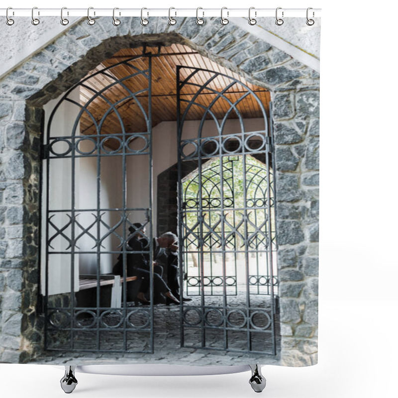 Personality  Upset Man And Woman Sitting Near Metallic Gates In Cemetery  Shower Curtains