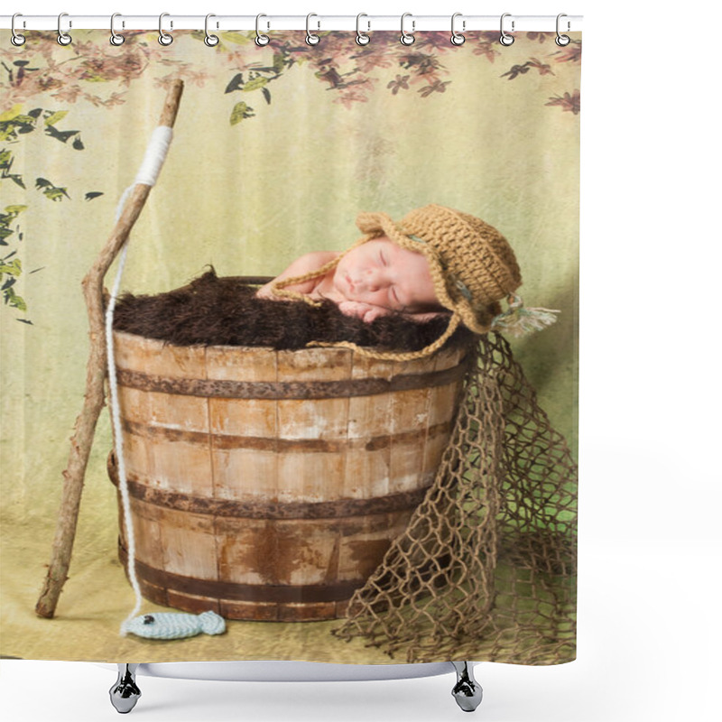 Personality  7 Day Old Newborn Baby Boy Sleeping In An Old, Weathered Wooden Bucket. Shower Curtains