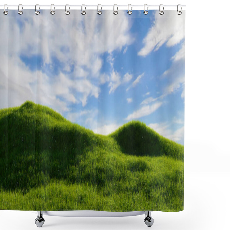 Personality  Green Grassland With Clear Blue Sky Background. Outdoor Nature Concept. 3D Illustration Rendering Shower Curtains