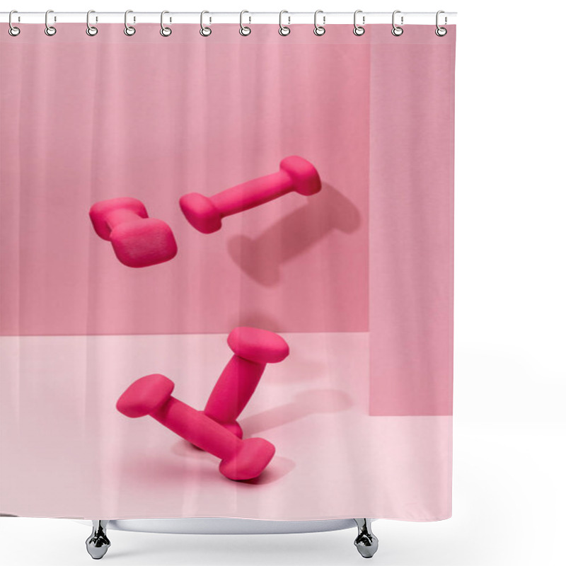 Personality  Pink Bright Dumbbells Flying In Air On Pink Background Shower Curtains