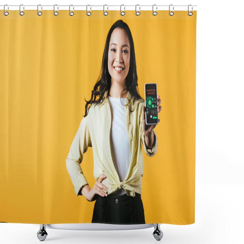 Personality  Happy Asian Girl Showing Smartphone With Marketing Analysis App, Isolated On Yellow Shower Curtains