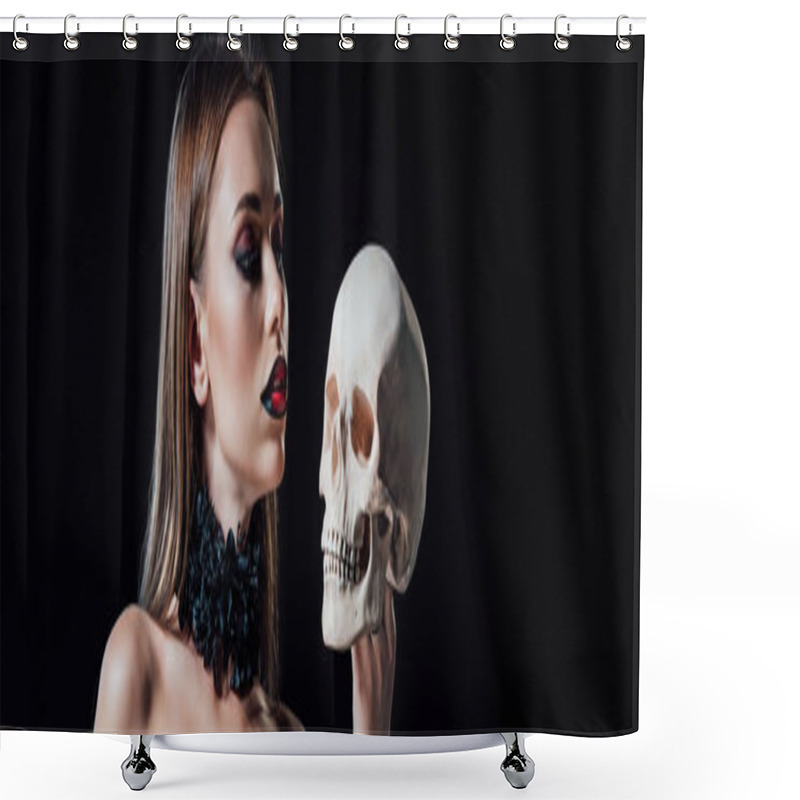 Personality  Panoramic Shot Of Scary Vampire Girl In Black Gothic Dress Looking At Human Skull Isolated On Black Shower Curtains