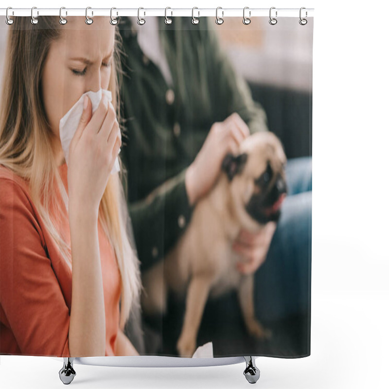 Personality  Selective Focus Of Blonde Woman Allergic To Dog Sneezing Near Man With Pug  Shower Curtains