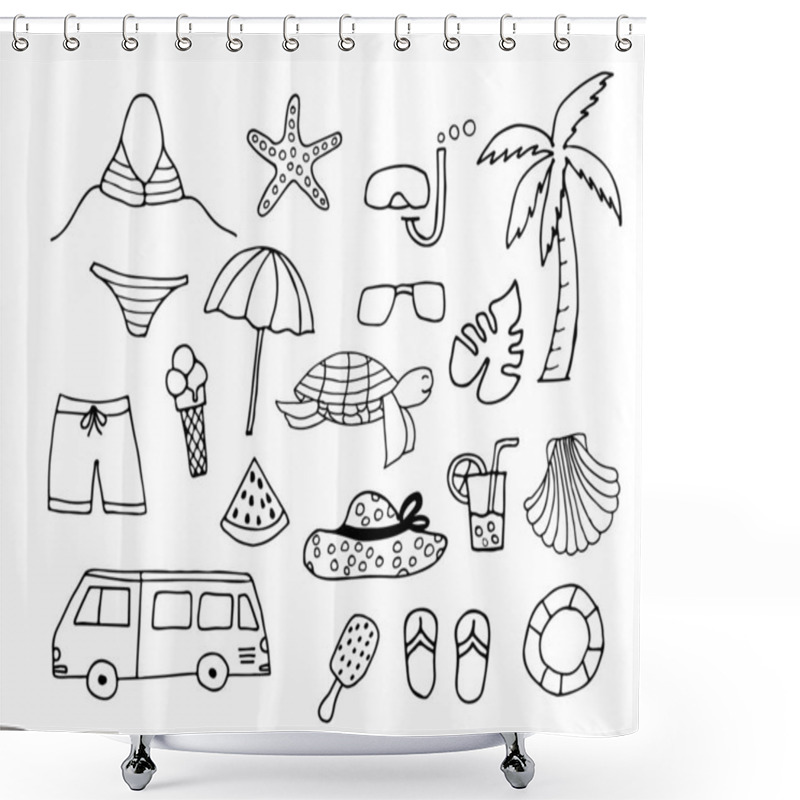 Personality  Doodle Summer Icon Collection. Set Of Doodle Summer Icons. Doodle Travel Icons Set. Hand Drawn Summer Icon Set. Shower Curtains