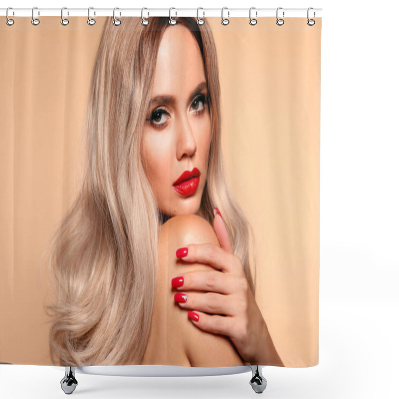 Personality  Makeup, Manicured Nails. Beauty Portrait Of Blonde Woman With Red Lips, Long Healthy Shiny Blond Hair Style. Sensual Girl With Bright Makeup Isolated On Beige Backhround. Shower Curtains