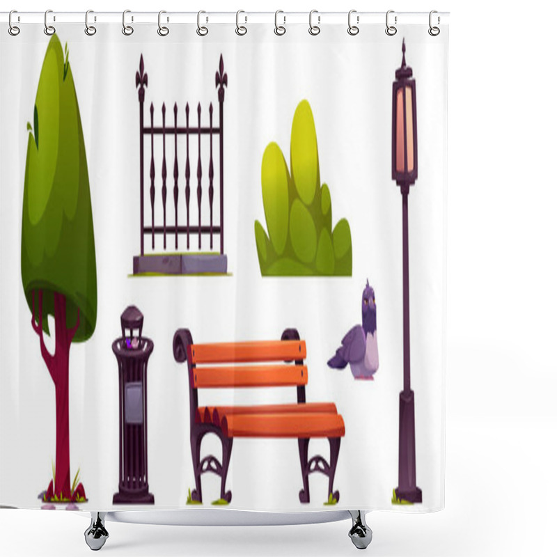 Personality  Urban Park Design Elements Set Isolated On White Background. Vector Cartoon Illustration Of Wooden Bench, Waste Bin, Retro Lantern, Summer Green Tree And Bush, Elegant Iron Fence And Pigeon Bird Shower Curtains