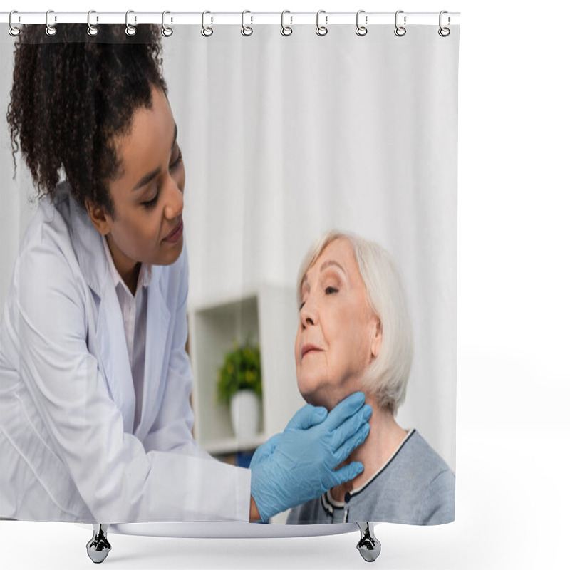 Personality  African American Docktor In While Coat Checking Neck Of Elderly Patient  Shower Curtains