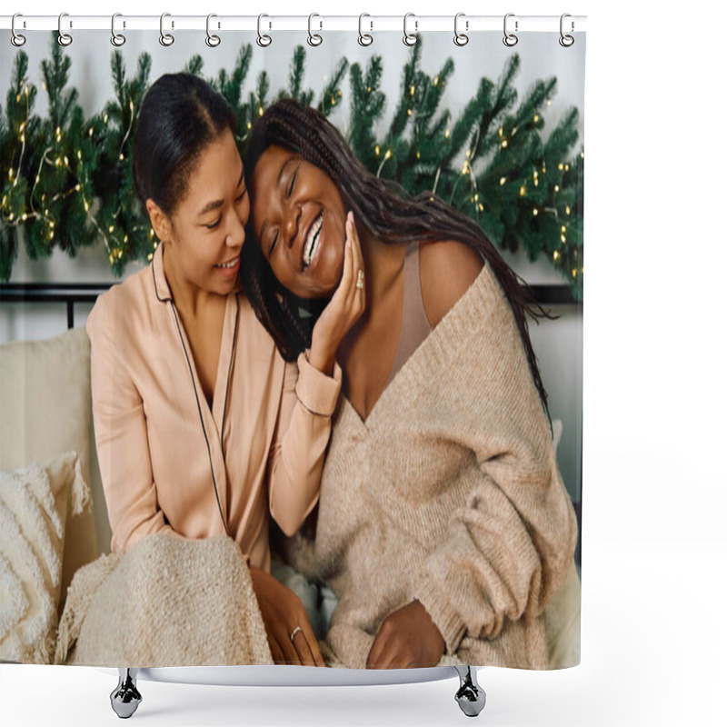 Personality  Two Women Embrace Warmly On A Cozy Couch, Sharing Laughter Under Festive Lights. Shower Curtains