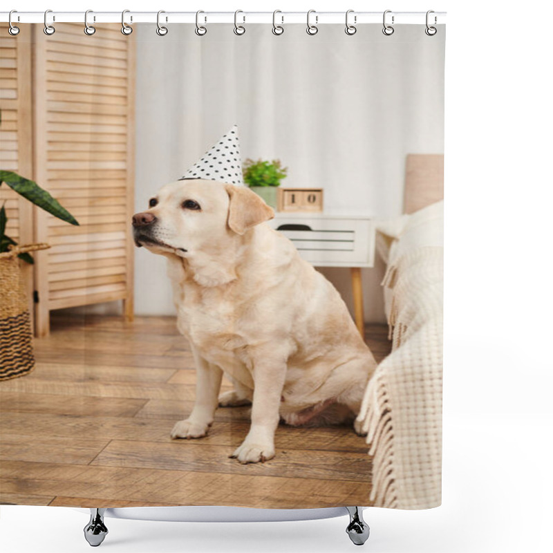 Personality  A Dog Relaxes On The Floor While Donning A Festive Party Hat, Exuding A Playful And Celebratory Vibe. Shower Curtains