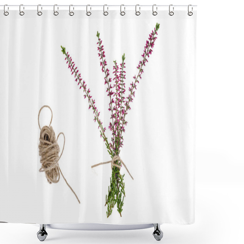 Personality  Blooming Pink Heather Branches On White Background. Studio Photo Shower Curtains