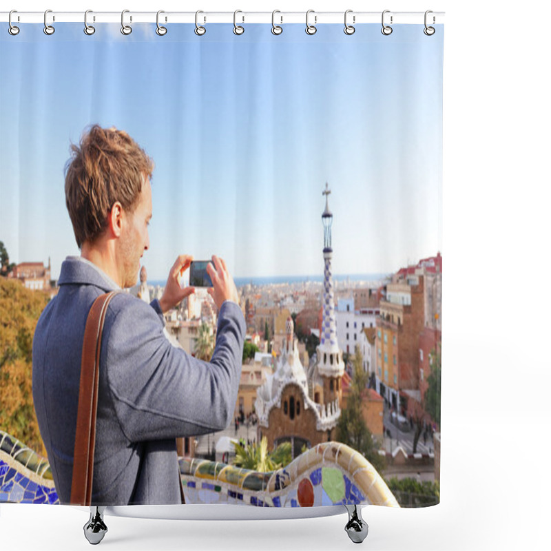 Personality  Tourist Taking Photo In Park Guell Shower Curtains