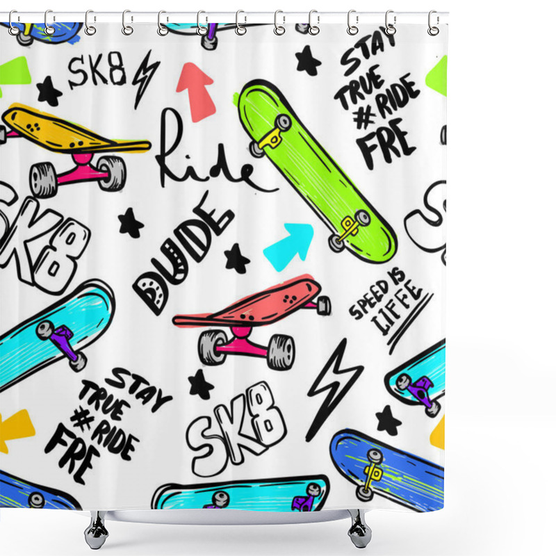 Personality  Hand Drawn Doodle Summer Sketch With Skateboards And Text. Vector Illustration. Shower Curtains