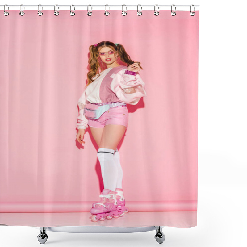 Personality  Stylish Girl In Sunglasses And Waist Bag Touching Hair While Riding Roller-skates On Pink Shower Curtains