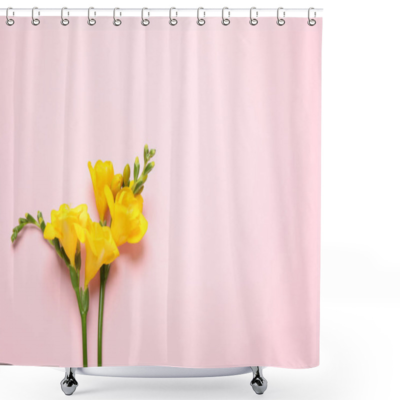 Personality  Beautiful Blooming Yellow Freesias On Pink Background, Flat Lay. Space For Text Shower Curtains