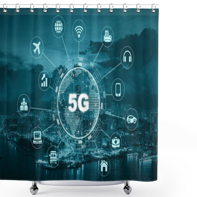 Personality  5G Technology With Earth Dot In Center Of Various Icon Internet Of Thing Over The Aerial View Of Hong Kong Cityscape, Wireless Communication Connection Network Concept. Shower Curtains