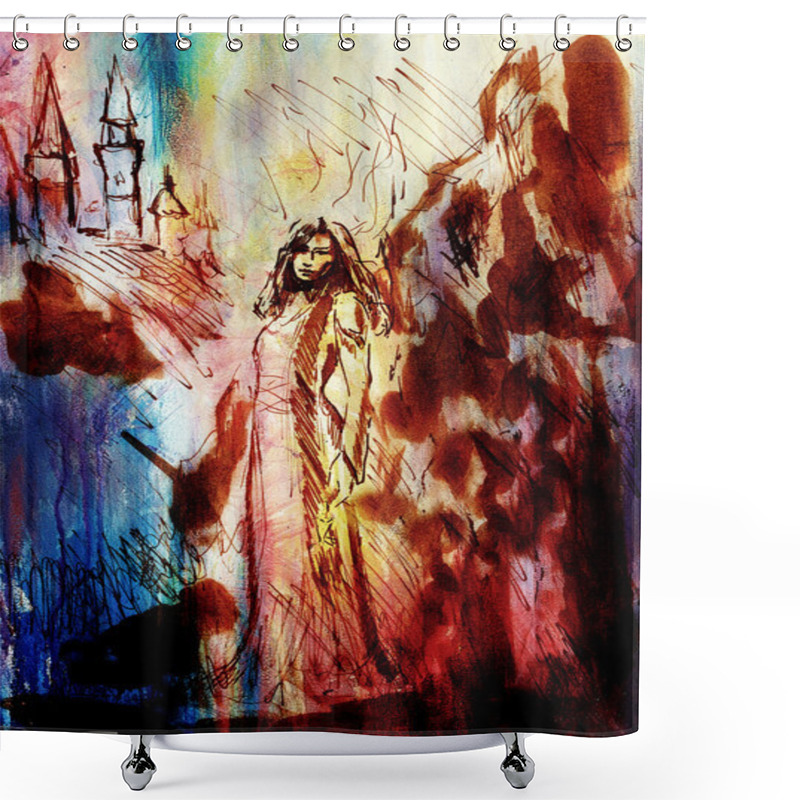 Personality  Mystic Woman And Castle In The Background, Painting Collage. Shower Curtains