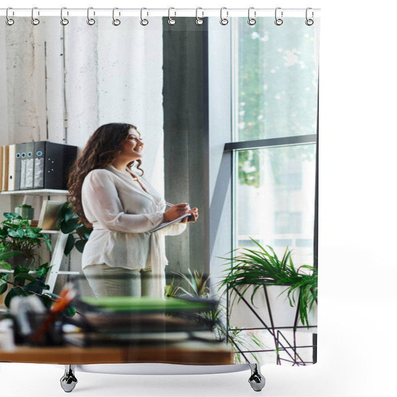 Personality  A Young Beautiful Plus Size Woman Stands By The Window, Enjoying A Serene Moment In Her Office. Shower Curtains