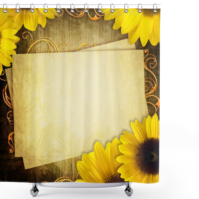 Personality  Grunge Greeting Card With Bunch Of Sunflowers Shower Curtains