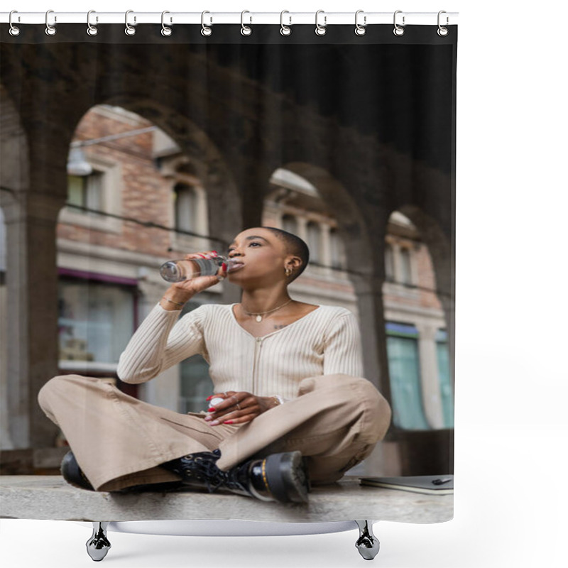 Personality  Stylish African American Woman Drinking Water Near Notebook On Urban Street In Treviso  Shower Curtains