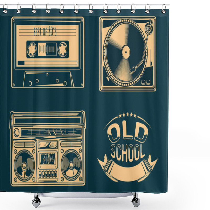 Personality  Turntable, Boom Box And Audio Cassette - Retro Music Objects Shower Curtains