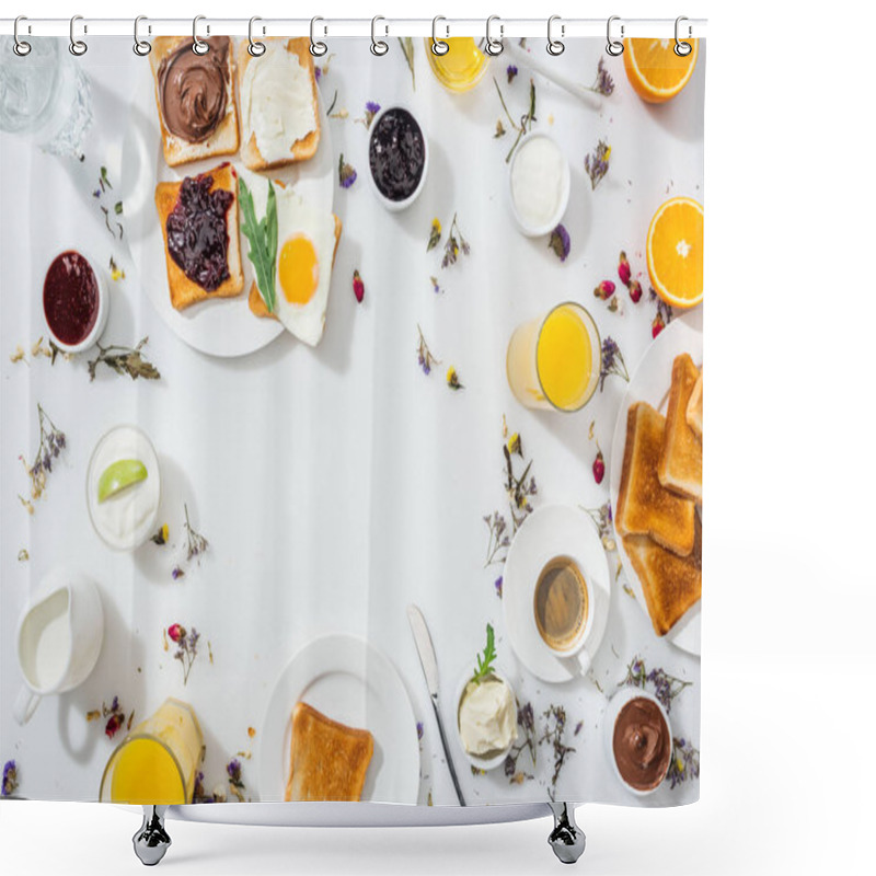 Personality  Top View Of Plates With Tasty Toasts Near Drinks And Bowls With Jam And Chocolate Cream On White  Shower Curtains