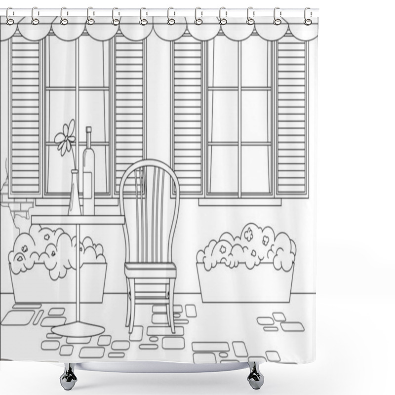 Personality  French Street Cafe With Awning. Table And Chair On The Street, Windows With Shutters, Flowers In Floor Flower Pots; A Bottle Of Wine On The Table, A Flower In A Vase On The Table. For Coloring Book Page. Shower Curtains