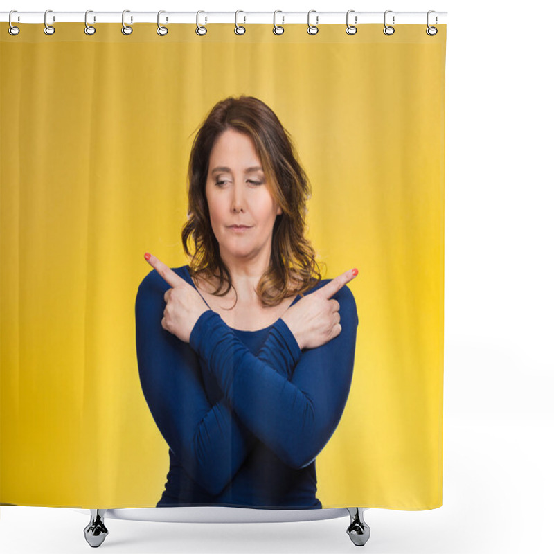 Personality  Confused Young Woman Pointing With Fingers In Two Different Directions Shower Curtains